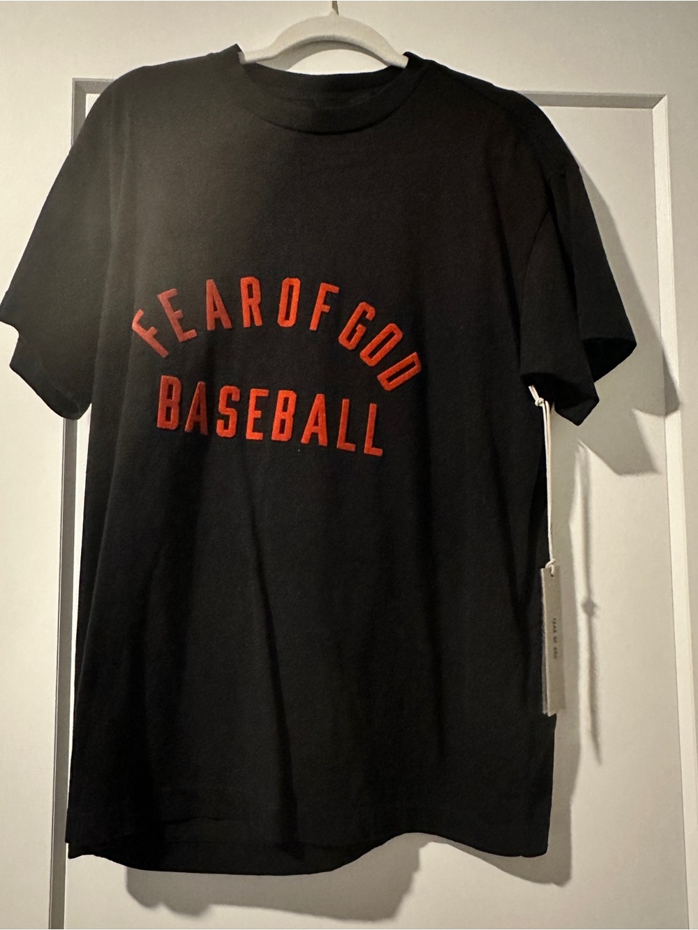 Brand New Authentic Fear of God Black T-Shirt with Red 'Baseball' Arch Logo